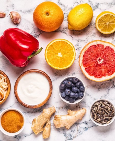 Superfoods for Immunity boosting and cold remedies, top view.