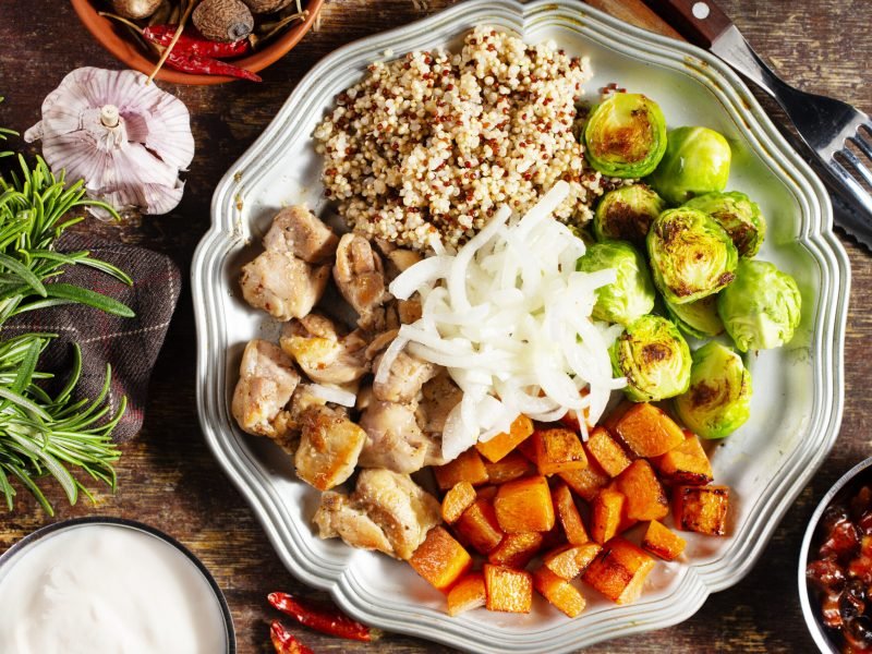 baked vegetables with baked chicken fillet