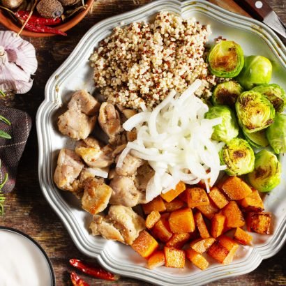 baked vegetables with baked chicken fillet